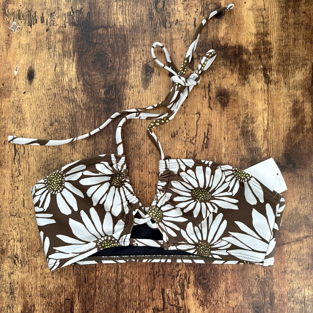 Topshop Brown & White Daisy Floral Boho Halter Bikini Top New Size 4